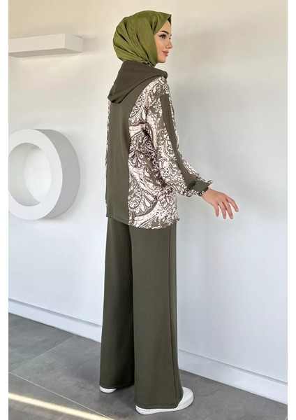 Dijital Baskılı Kapüşonlu Tunik Bel Lastikli Pantolon Tesettür Ikili Takım P-00019239 modelleri