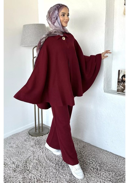 Gülseli Kadın Gold Düğmeli Kemer Detaylı Triko Panço Pantolon Tesettür Ikili Takım P-00019028