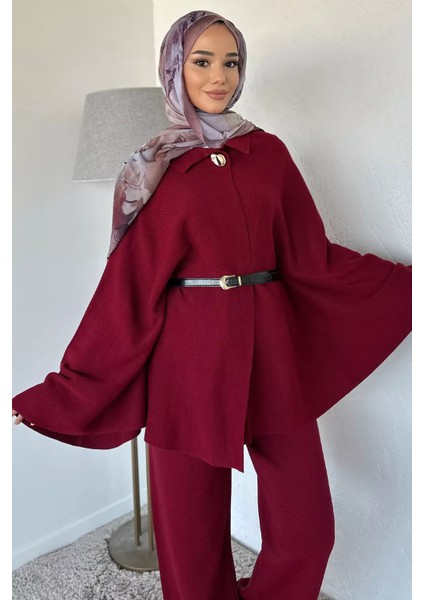 Gülseli Kadın Gold Düğmeli Kemer Detaylı Triko Panço Pantolon Tesettür Ikili Takım P-00019028 fiyatları