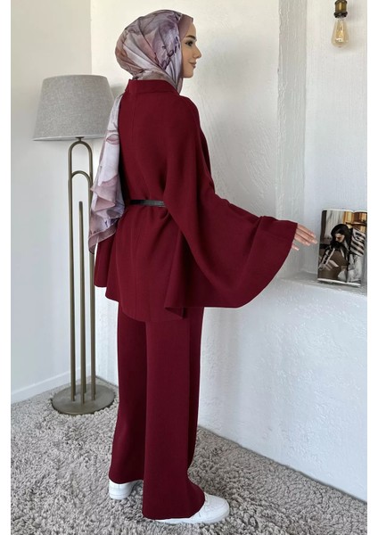 Gülseli Kadın Gold Düğmeli Kemer Detaylı Triko Panço Pantolon Tesettür Ikili Takım P-00019028 modelleri