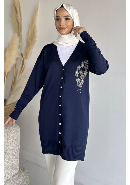 Ön Düğmeli V Yaka Nakışlı Tesettür Triko Hırka P-00019049