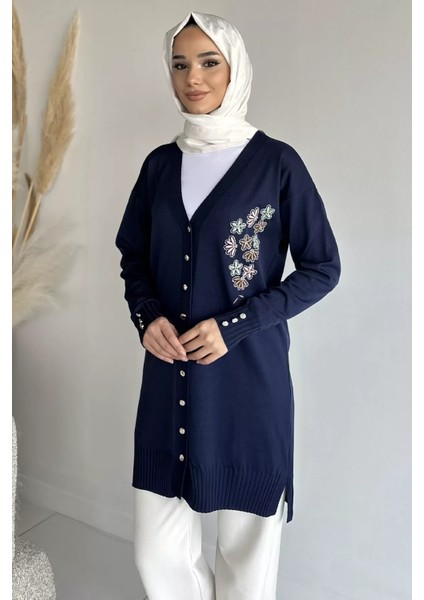 Ön Düğmeli V Yaka Nakışlı Tesettür Triko Hırka P-00019049 fiyatları