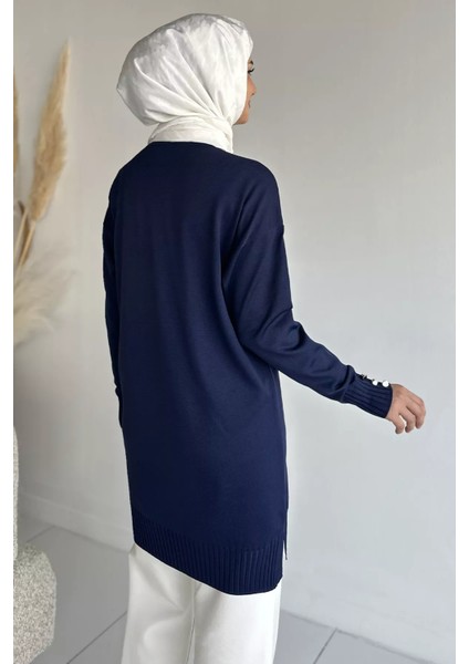 Ön Düğmeli V Yaka Nakışlı Tesettür Triko Hırka P-00019049 modelleri