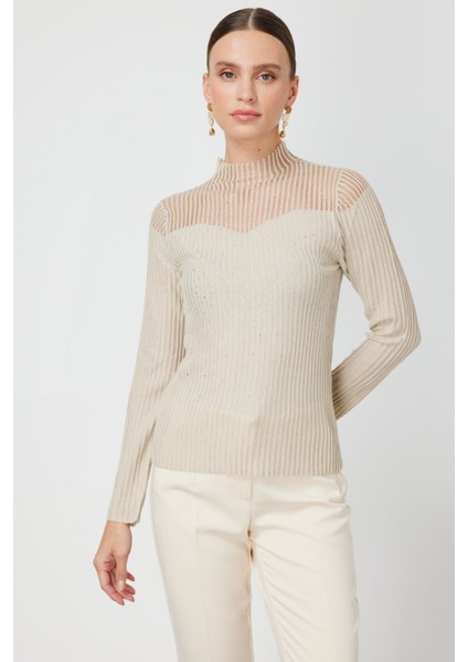 Yakası Transparan Taşlı Triko Kazak 60340-26K