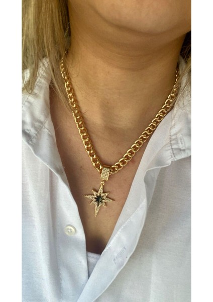 Taşlı Siyah Detaylı Kuzey Yıldızlı Kolye