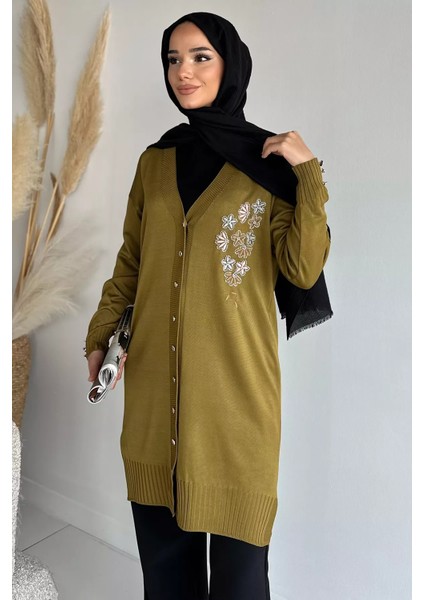 Ön Düğmeli V Yaka Nakışlı Tesettür Triko Hırka P-00019049