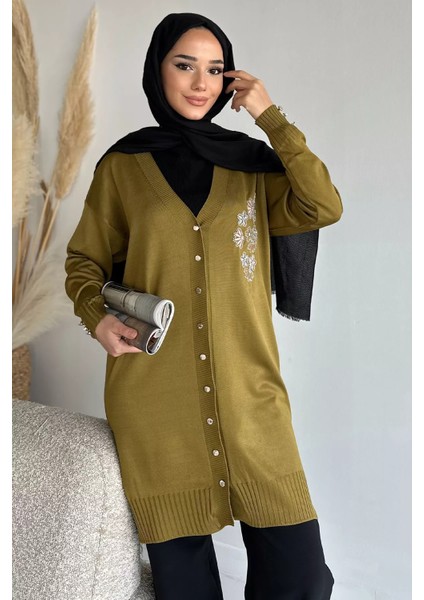 Ön Düğmeli V Yaka Nakışlı Tesettür Triko Hırka P-00019049 fiyatları
