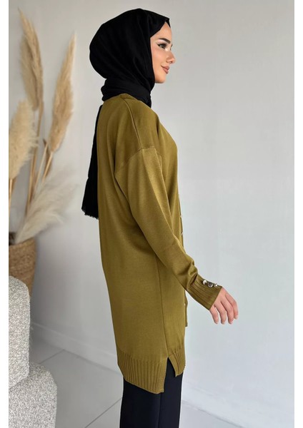 Ön Düğmeli V Yaka Nakışlı Tesettür Triko Hırka P-00019049 modelleri