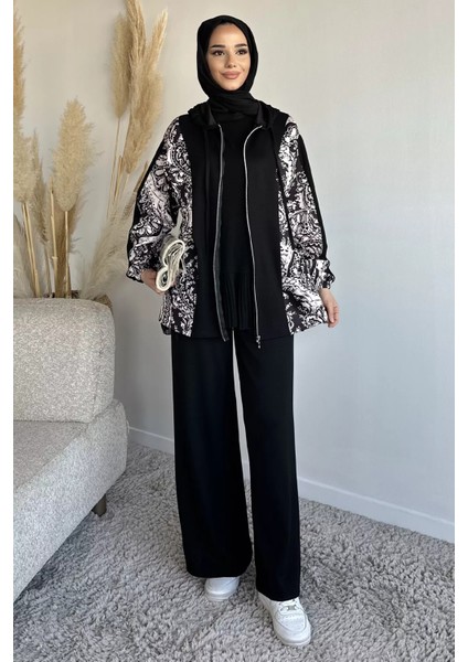 Dijital Baskılı Kapüşonlu Tunik Bel Lastikli Pantolon Tesettür Ikili Takım P-00019239