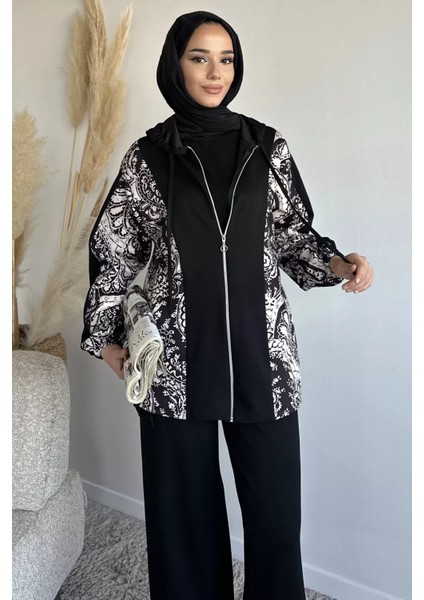 Dijital Baskılı Kapüşonlu Tunik Bel Lastikli Pantolon Tesettür Ikili Takım P-00019239 fiyatları