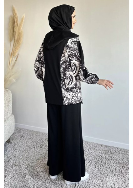 Dijital Baskılı Kapüşonlu Tunik Bel Lastikli Pantolon Tesettür Ikili Takım P-00019239 modelleri