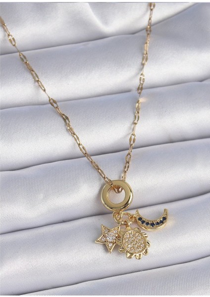 Çelik Zincir Gold Renk Sallantı Gezegen Model Zirkon Taşlı Detay Kolye