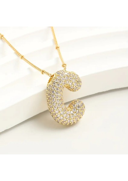 Çift Taraflı Kullanılabilen Çelik Gold Taşlı Balon Harf Kolye ( C Harfi )