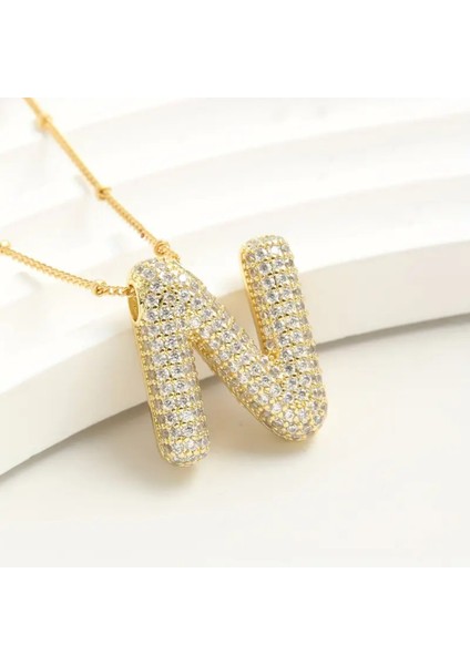 Çift Taraflı Kullanılabilen Çelik Gold Taşlı Balon Harf Kolye ( C Harfi )