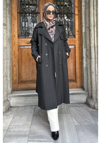 Çizgi Desenli Iç Astarlı Ön Düğmeli Tesettür Trençkot P-00019232