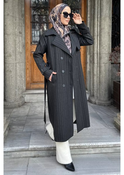Çizgi Desenli Iç Astarlı Ön Düğmeli Tesettür Trençkot P-00019232 fiyatları