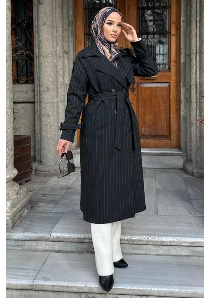 Çizgi Desenli Iç Astarlı Ön Düğmeli Tesettür Trençkot P-00019232 modelleri