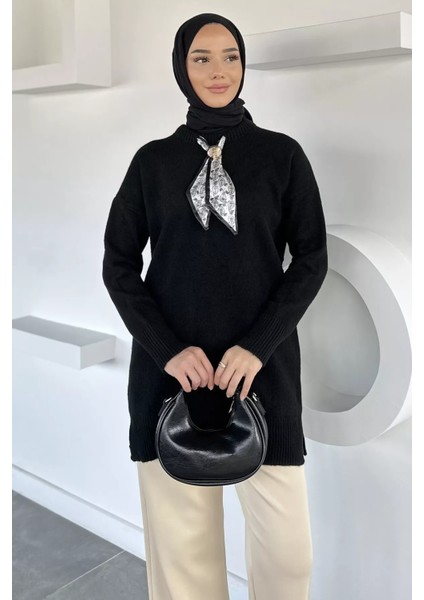 Bisiklet Yaka Fularlı Tesettür Triko Tunik P-00019203