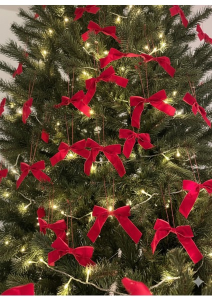 Kırmızı Kadife Fiyonk Kurdele, Noel Ağaç Süsü, Lüks, 3'lü Set