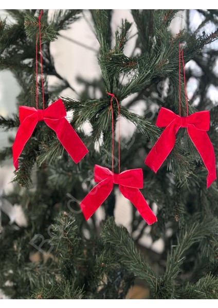 Kırmızı Kadife Fiyonk Kurdele, Noel Ağaç Süsü, Lüks, 3'lü Set