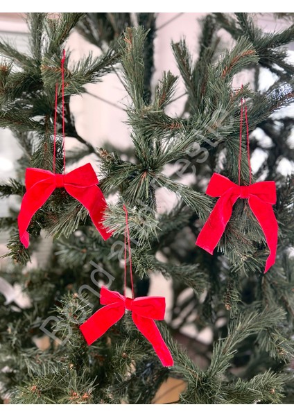 Kırmızı Kadife Fiyonk Kurdele, Noel Ağaç Süsü, Lüks, 3'lü Set