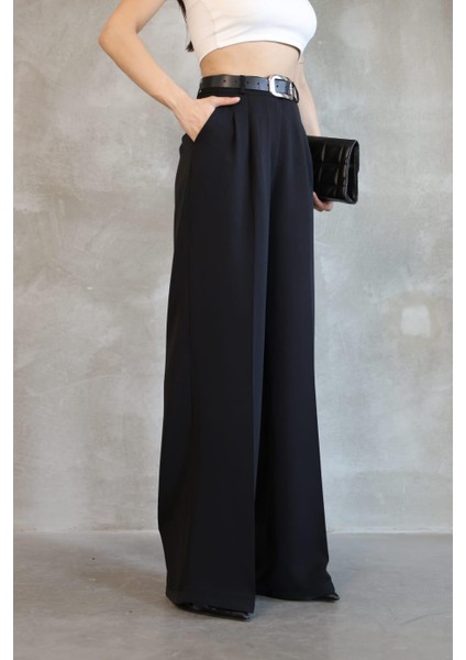 Kadın Palazzo Pileli Pantolon Ithal Doubleface Kumaş Yüksek Kaliteli Ürün Yüksek Bel Kemerli indirimleri