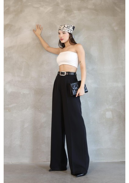 Kadın Palazzo Pileli Pantolon Ithal Doubleface Kumaş Yüksek Kaliteli Ürün Yüksek Bel Kemerli