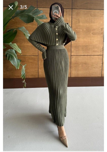 Pilise Detaylı Pelerinli Uzun Kollu Triko Uzun Kadın Elbise fiyatları