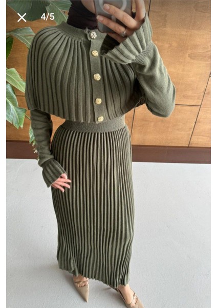 Pilise Detaylı Pelerinli Uzun Kollu Triko Uzun Kadın Elbise modelleri