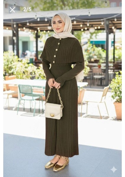 Pilise Detaylı Pelerinli Uzun Kollu Triko Uzun Kadın Elbise indirimleri