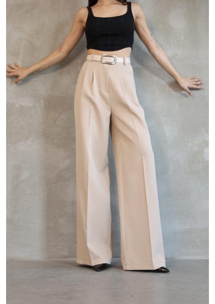 Kadın Palazzo Pileli Pantolon Ithal Doubleface Kumaş Yüksek Kaliteli Ürün Yüksek Bel Kemerli fırsatları