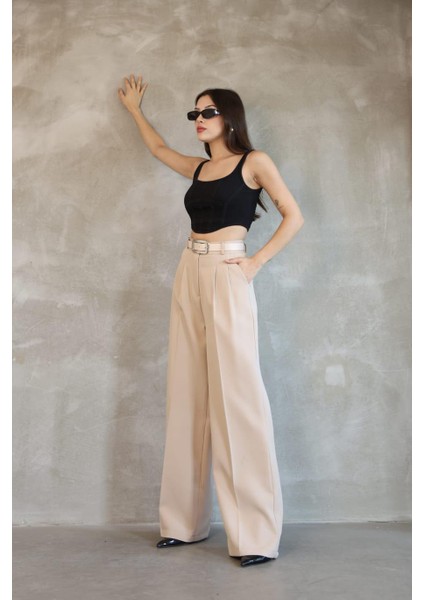 Kadın Palazzo Pileli Pantolon Ithal Doubleface Kumaş Yüksek Kaliteli Ürün Yüksek Bel Kemerli indirimleri