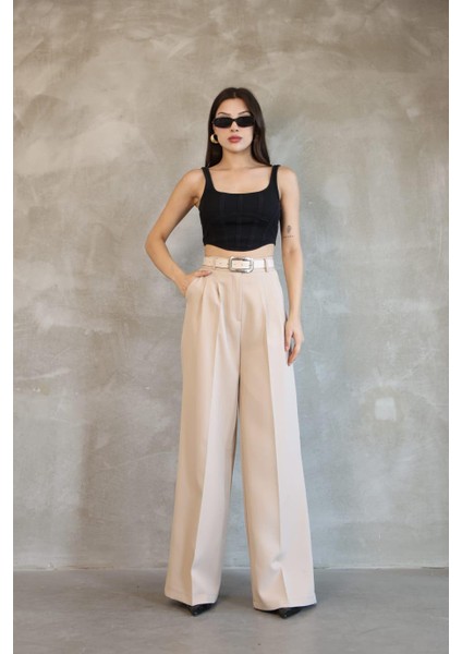 Kadın Palazzo Pileli Pantolon Ithal Doubleface Kumaş Yüksek Kaliteli Ürün Yüksek Bel Kemerli