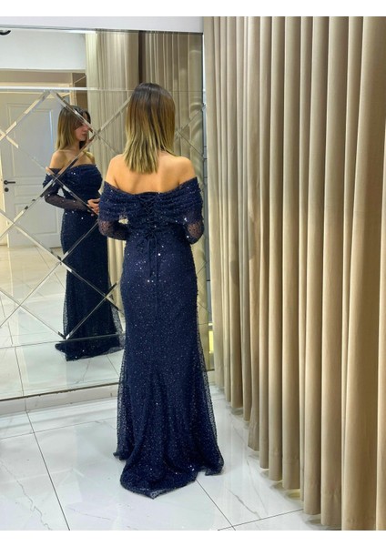 Lacivert Uzun Kollu Pul Payetli Önü Detaylı Balık Abiye Elbise GS7570 indirimleri