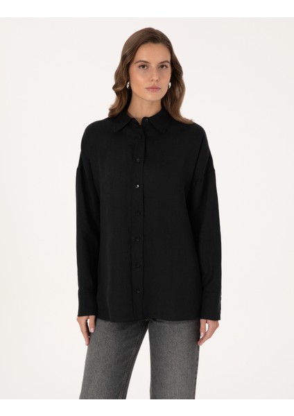 Kadın Siyah Oversize Uzun Kollu Gömlek 50301078-VR046