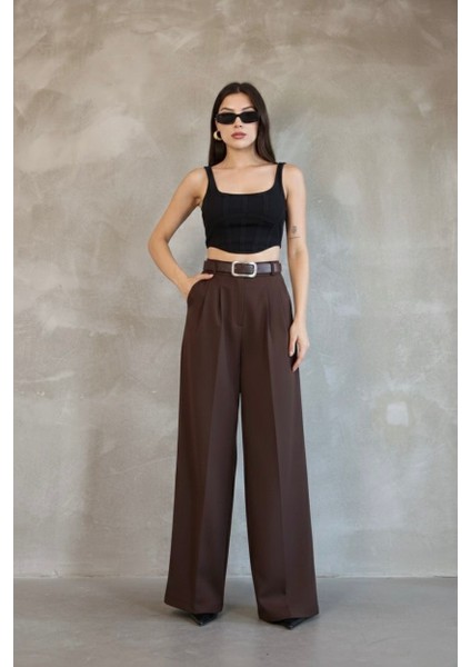 Kadın Palazzo Pileli Pantolon Ithal Doubleface Kumaş Yüksek Kaliteli Ürün Yüksek Bel Kemerli fırsatları