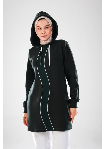 2298_KADIN Kapüşonlu Ara Biye Detaylı Pamuklu Esnek Uzun Kollu Uzun Sweat – Pike Tesettür Spor Tunik