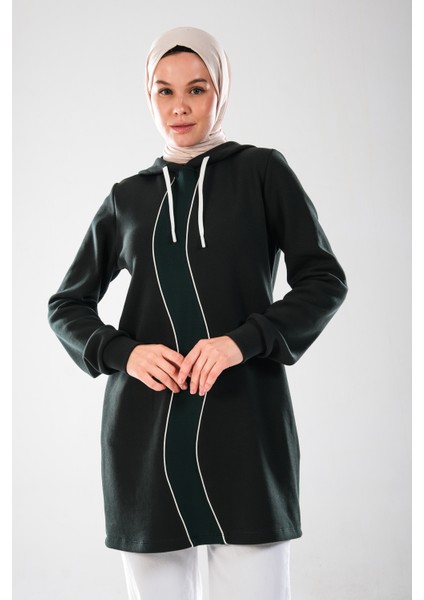 2298_KADIN Kapüşonlu Ara Biye Detaylı Pamuklu Esnek Uzun Kollu Uzun Sweat – Pike Tesettür Spor Tunik modelleri