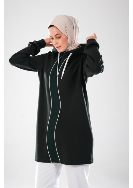 2298_KADIN Kapüşonlu Ara Biye Detaylı Pamuklu Esnek Uzun Kollu Uzun Sweat – Pike Tesettür Spor Tunik indirimleri
