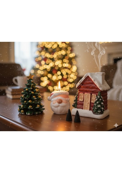 Kırmızı Ev Tütsülük, Noel Baba Mumluk ve Çam Ağacı Dekor Seti