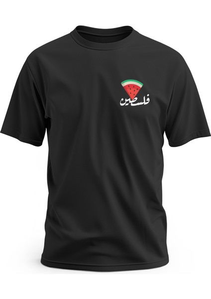 Tişört, Kısa Kollu Arapça Filistin Yazılı ve Karpuz Tasarımlı Dijital Baskılı Pamuk T-Shirt
