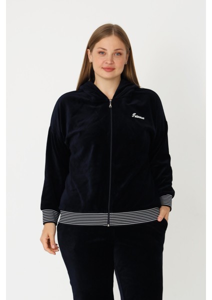 Lacivert Fermuarlı Kapüşonlu Pamuklu Kadife Uzun Kol Baskılı Cepli Kadın Büyük Beden Eşofman Takımı fiyatları