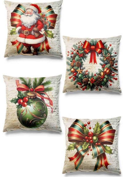 Çift Taraflı Retro Noel Desenli 4'lü Süet Kırlent Kılıfı, Yılbaşı Süsü