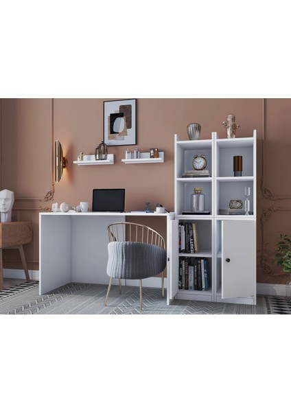 Modüler Oyuncu Masası Kitaplıklı Kapaklı Dolaplı Raflı Depolama Seti BEYAZ-NRG-OYNM-1002 fiyatları