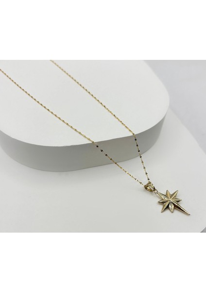 14 Ayar Altın Aynalı Zincir Kutup Yıldızı Kolye