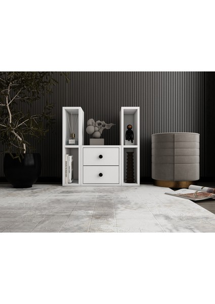 Modüler Depolamalı Ofis Sehpası Çekmeceli Yan Ünite Açık Raflı Tasarım BEYAZ-NRG-OFS-S-1001