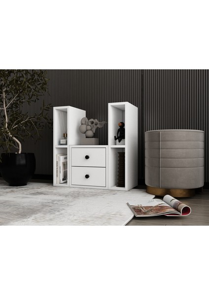 Modüler Depolamalı Ofis Sehpası Çekmeceli Yan Ünite Açık Raflı Tasarım BEYAZ-NRG-OFS-S-1001 modelleri