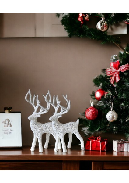 Beyaz Yılbaşı Geyik Figürü, 10 cm, 2'li Set, Plastik Süs Deri Malzeme ile Şık Dekorasyon