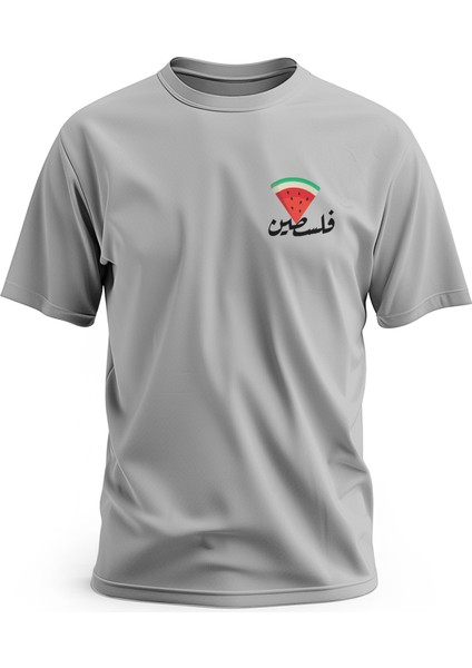 Tişört, Kısa Kollu Arapça Filistin Yazılı ve Karpuz Tasarımlı Dijital Baskılı Pamuk T-Shirt