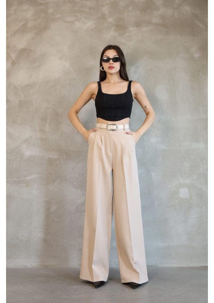 Kadın Palazzo Pileli Pantolon Ithal Doubleface Kumaş Yüksek Kaliteli Ürün Yüksek Bel Kemerli fırsatları